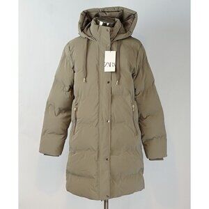 Zara Khaki Mid Length Puffer Jacket